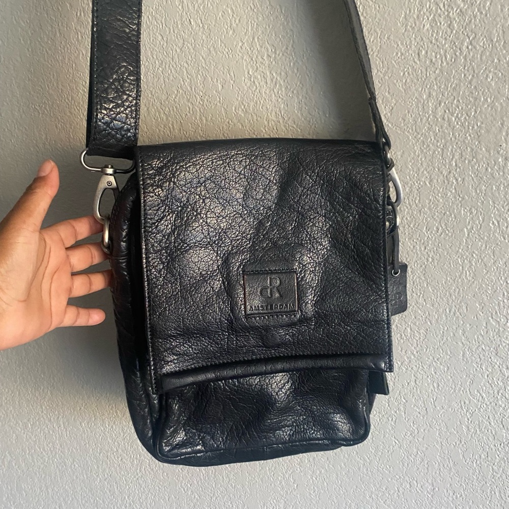 Black Leather Messenger Bag with Matte Finish